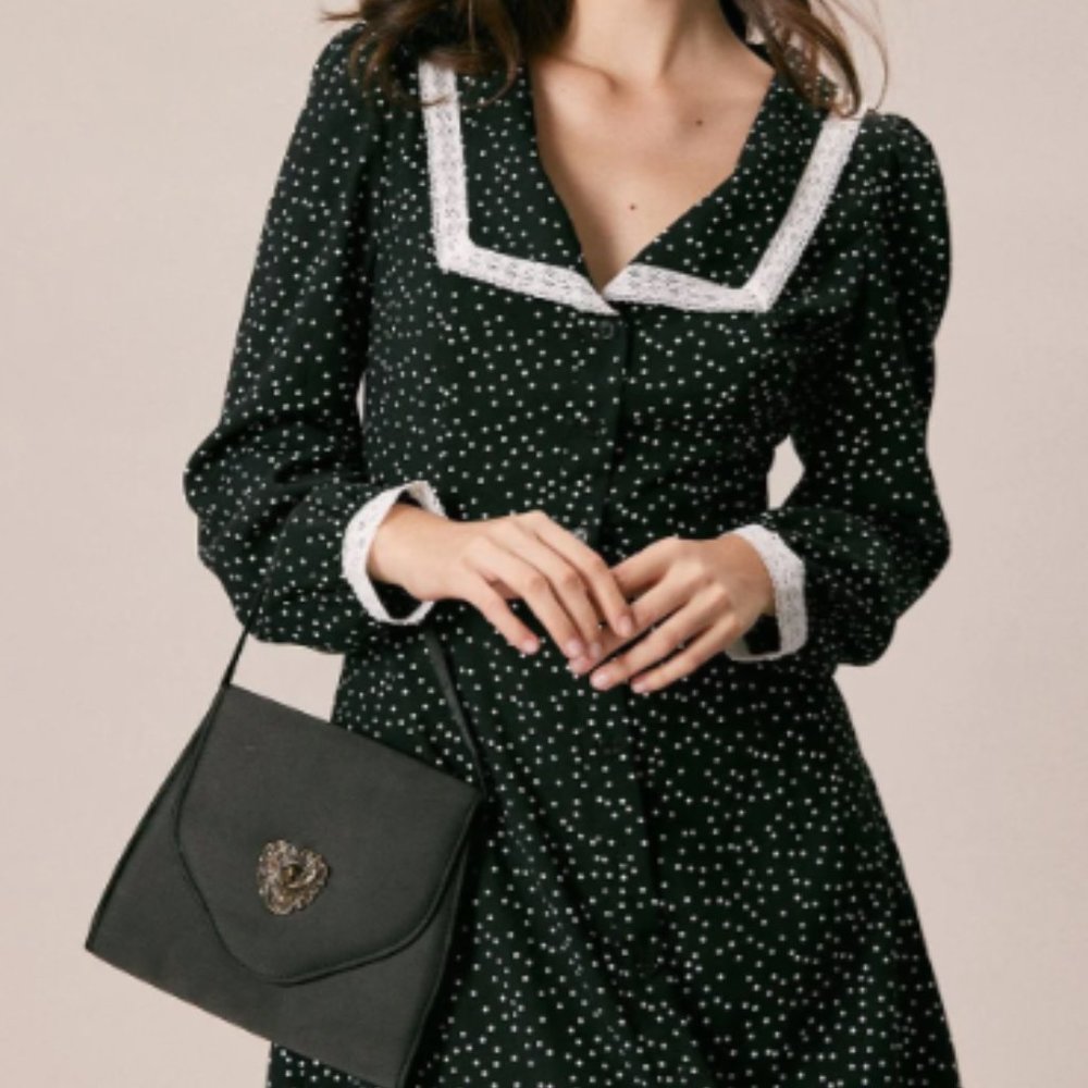 Rihoas Black Lapel Polka Dot Lace Mini Dress size medium